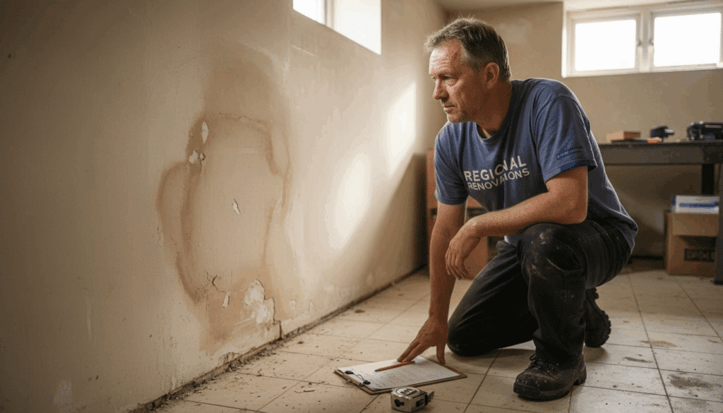 Contractor inspecting basement water damage