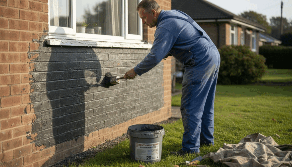 Contractor waterproofing home’s exterior wall