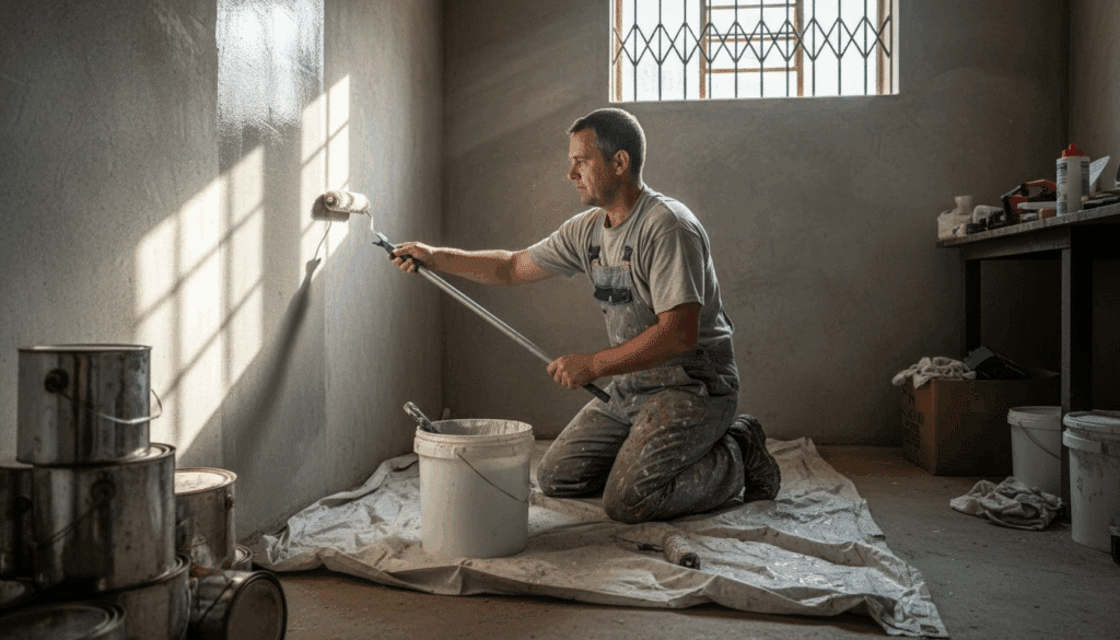Contractor applying waterproofing to interior wall