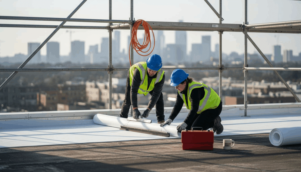 Workers installing waterproof membrane on city roof