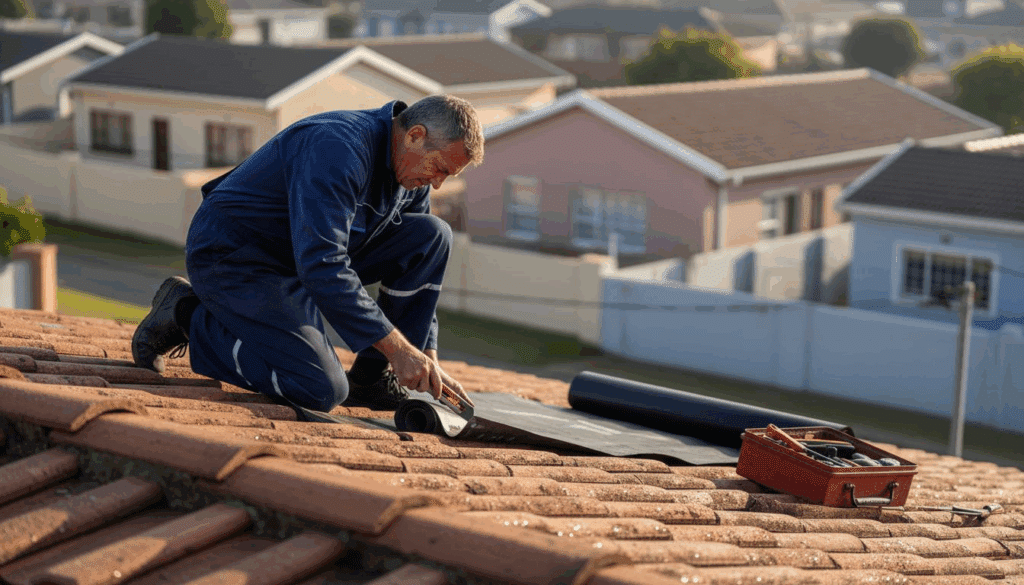 Roofer applying membrane to South African roof