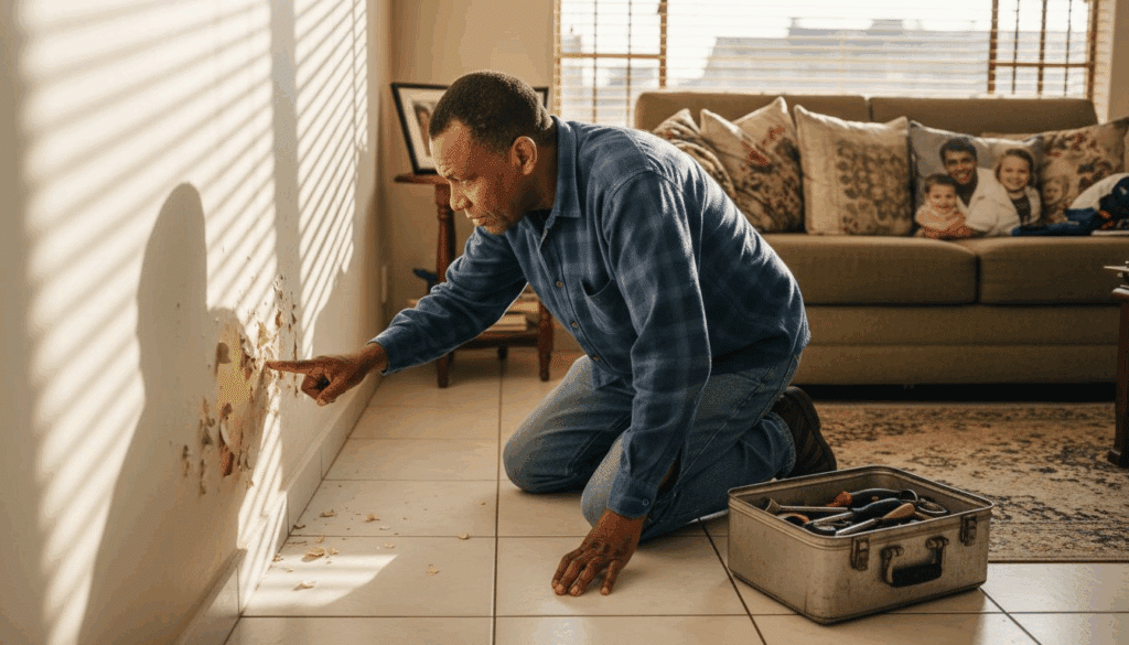 Homeowner inspecting bubbling wall paint and damp