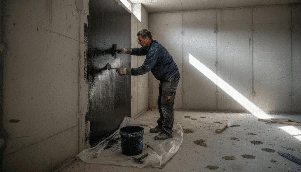 Worker installing waterproofing membrane on wall