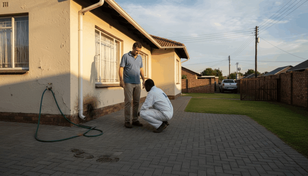 South African homeowner and contractor outside house