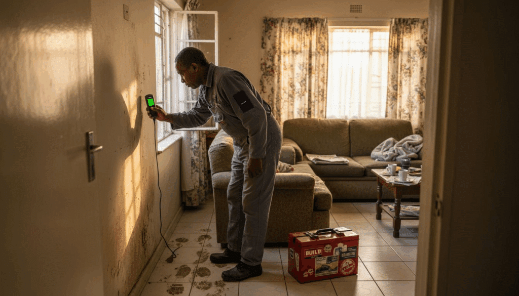 Contractor inspecting damp interior wall Gauteng