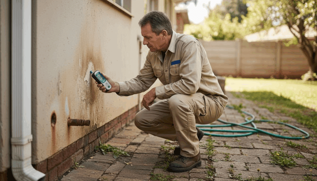 Contractor inspecting exterior wall for waterproofing