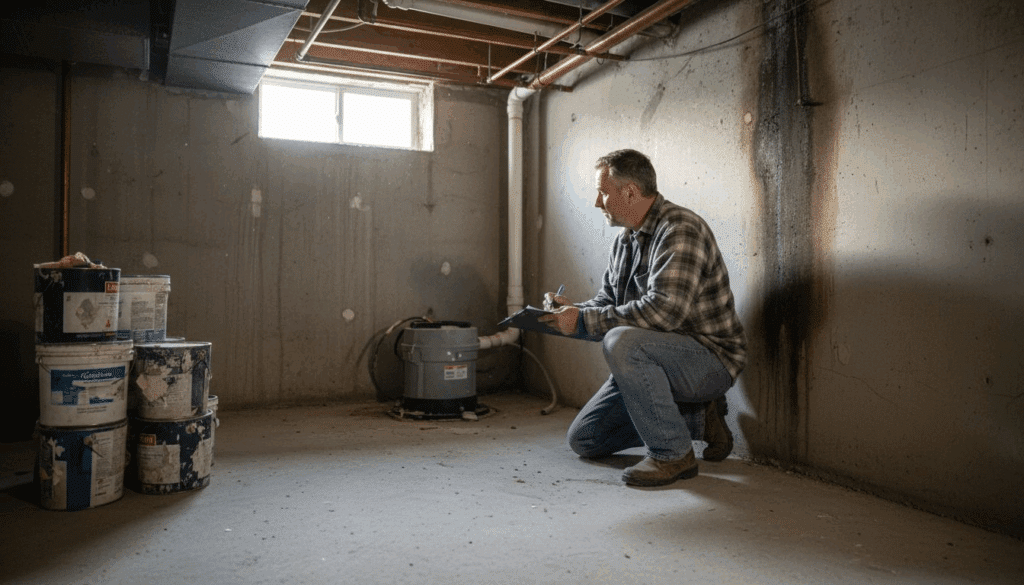 Contractor inspecting water damage in basement
