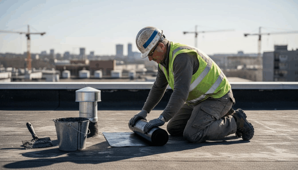Roofing contractor installs membrane waterproofing