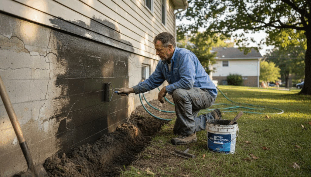 Homeowner applying waterproofing to basement wall