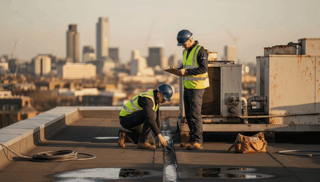 Workers inspect commercial roof for waterproofing