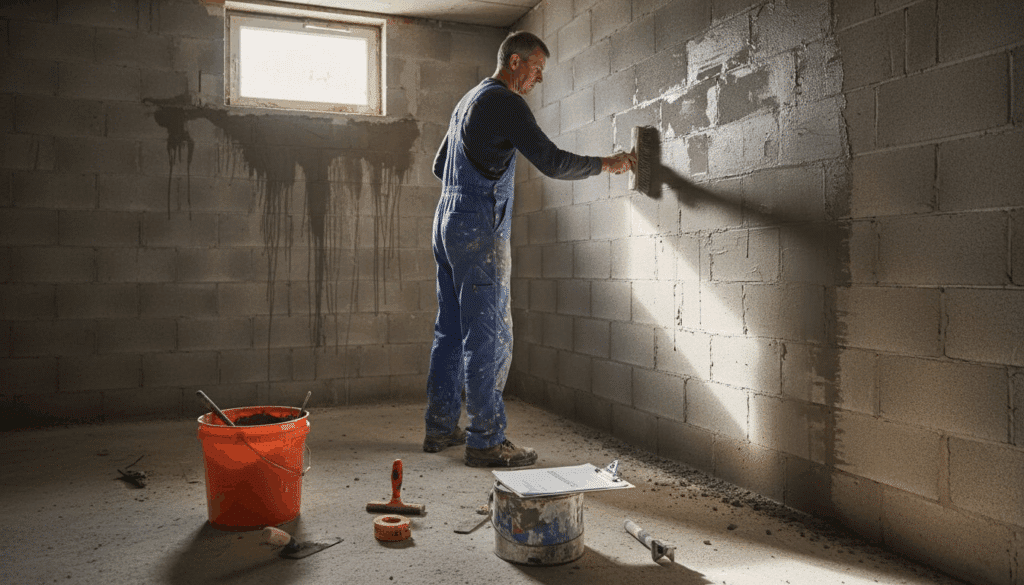 Contractor applies waterproofing membrane in basement