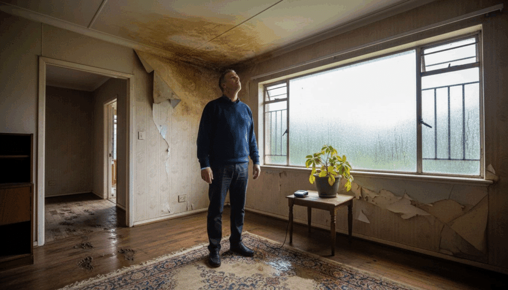 Homeowner inspecting ceiling damp patch