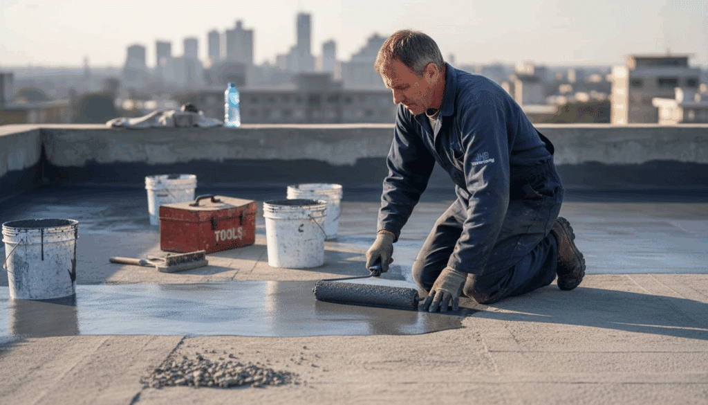 Contractor rolling cold applied membrane rooftop