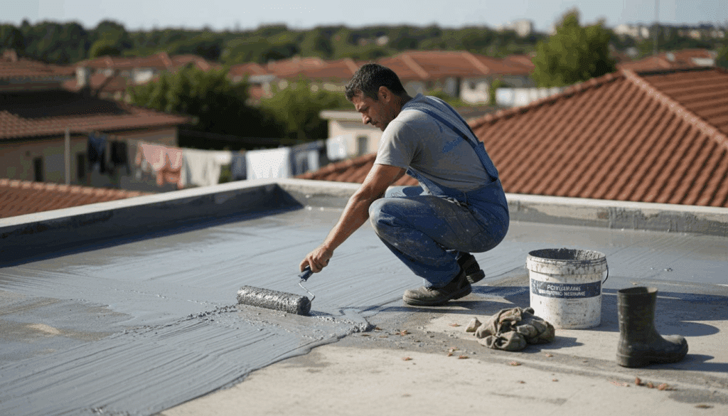 Contractor rolling polyurethane waterproofing on home roof