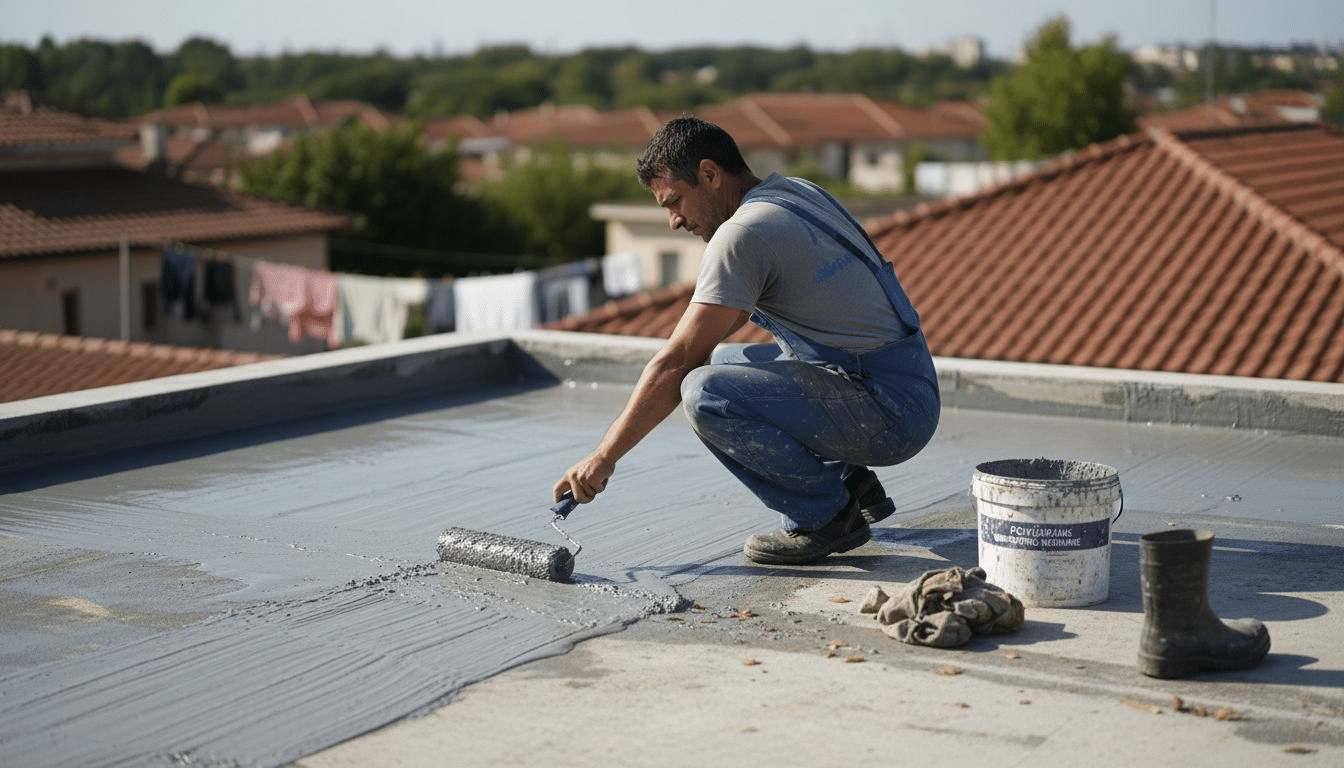 Contractor rolling polyurethane waterproofing on home roof