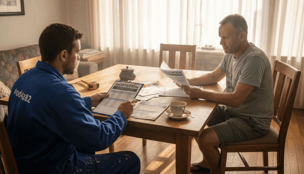 Homeowner reviews paperwork with contractor at table