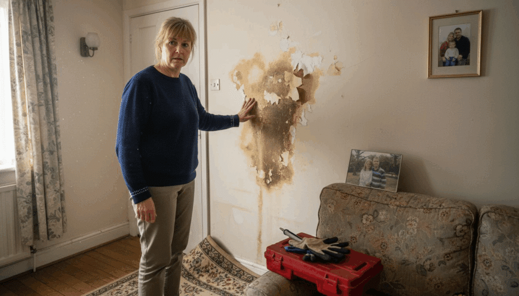 Homeowner inspecting damp wall damage