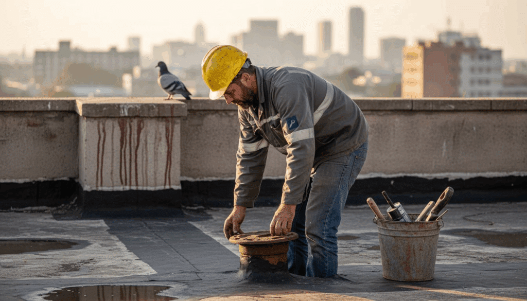 Contractor inspects flat roof for waterproofing