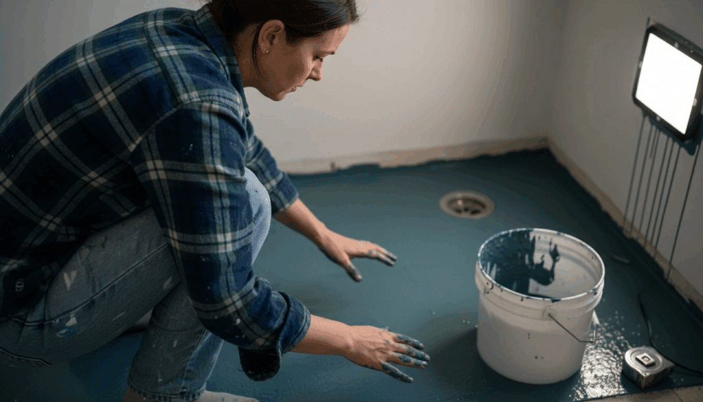 Contractor spreading floor waterproofing membrane