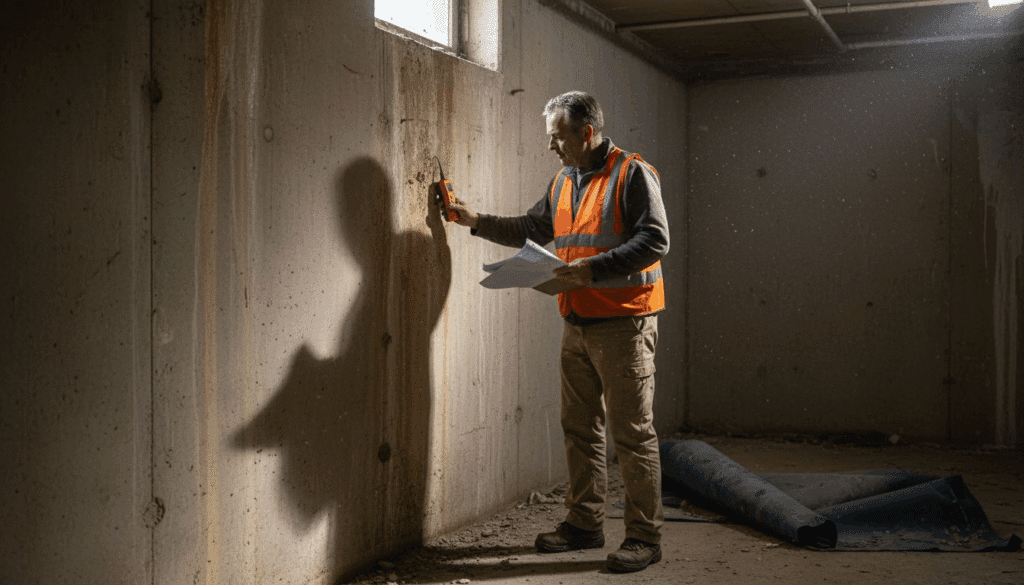 Engineer inspecting damp basement concrete wall
