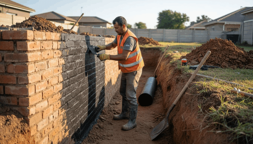 Worker applying membrane on basement wall trench