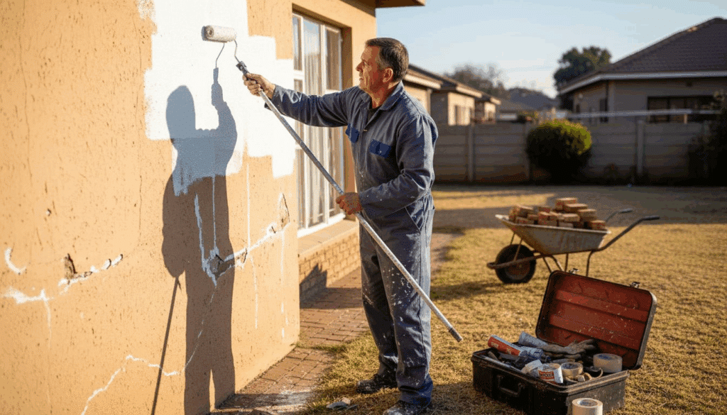 Contractor applies waterproof coating to wall