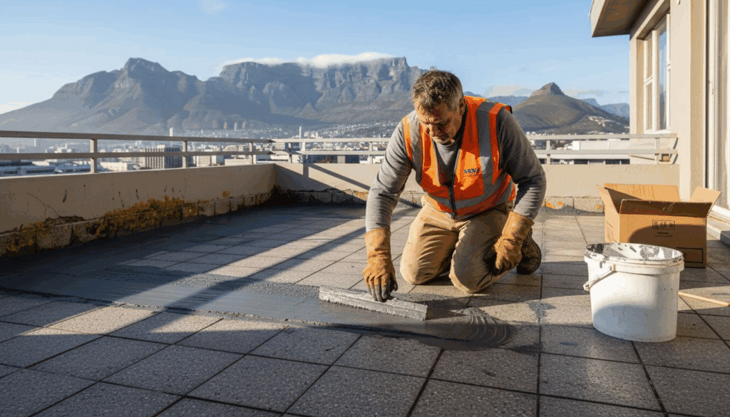 Contractor applying waterproofing membrane on balcony