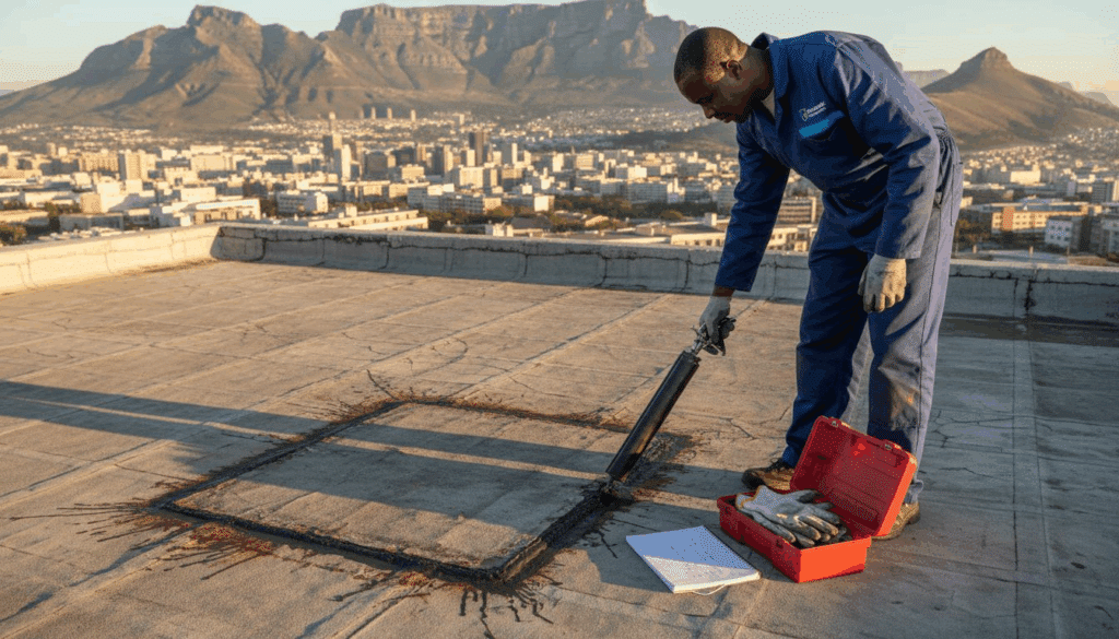 Worker inspecting South African roof waterproofing