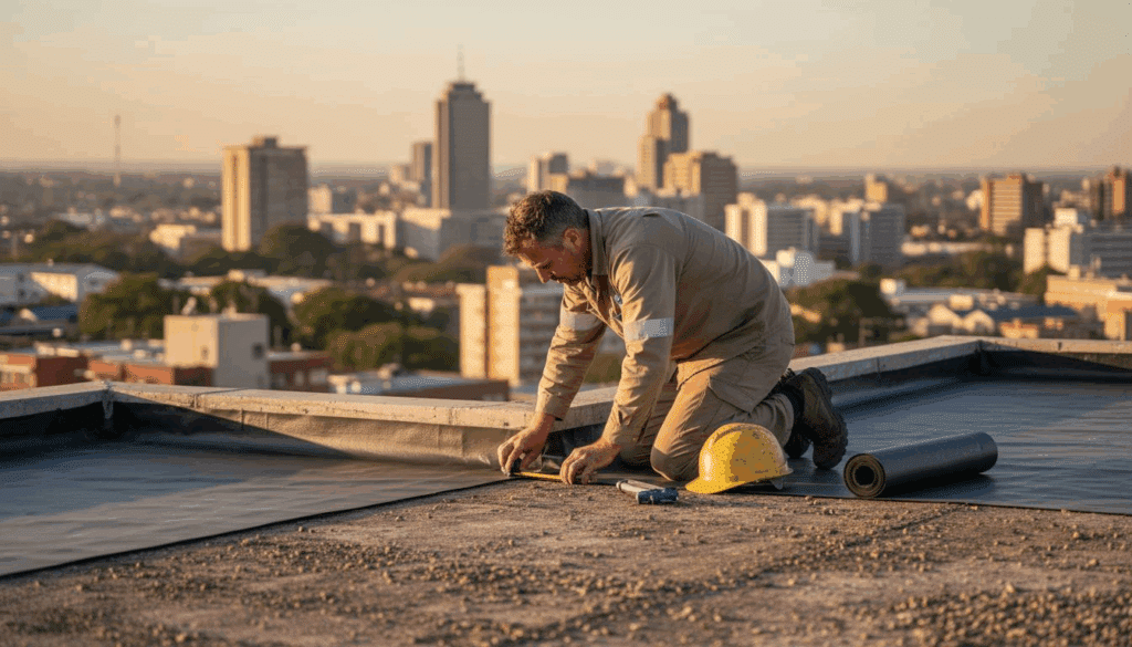 Manager inspecting rooftop waterproofing installation