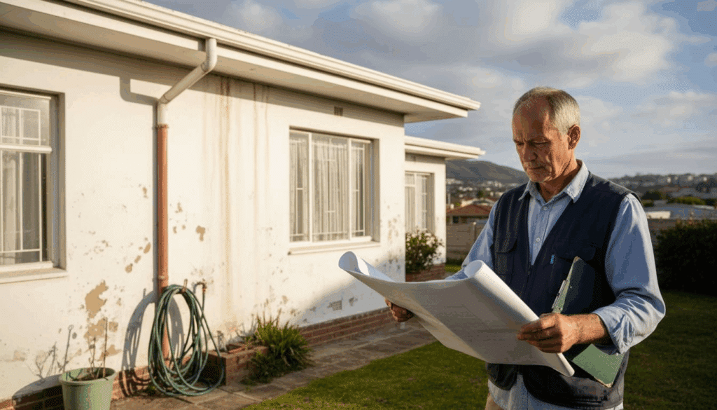 Inspector checks blueprints outside Cape home