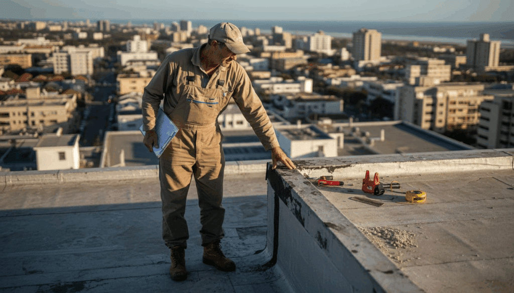 Contractor inspecting rooftop waterproofing membrane