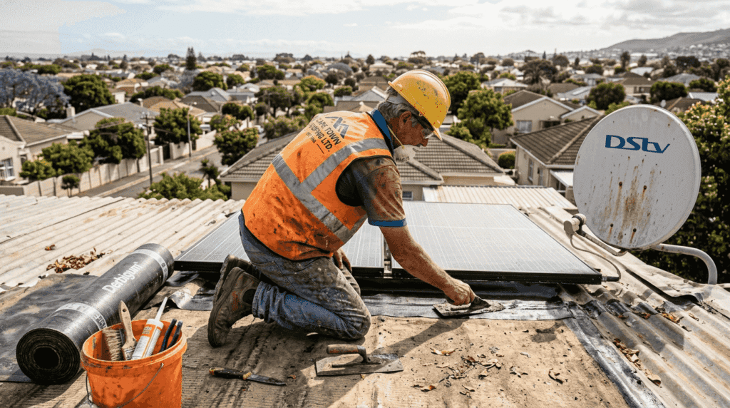 Contractor applies membrane on suburban roof