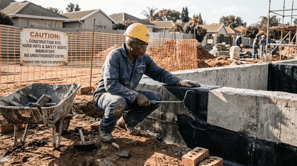 Worker inspecting foundation waterproofing membrane