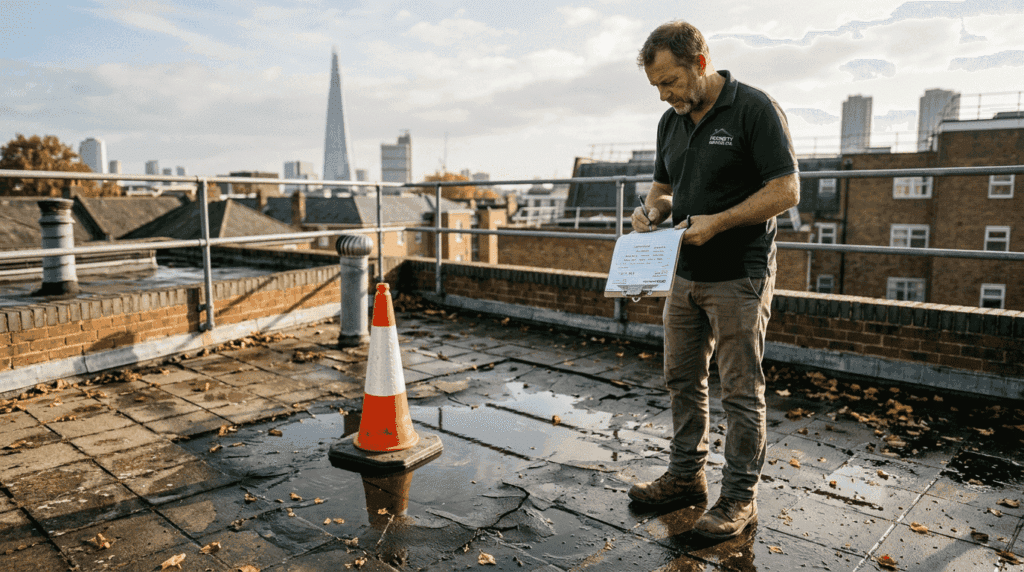 Manager inspecting rooftop waterproofing failure