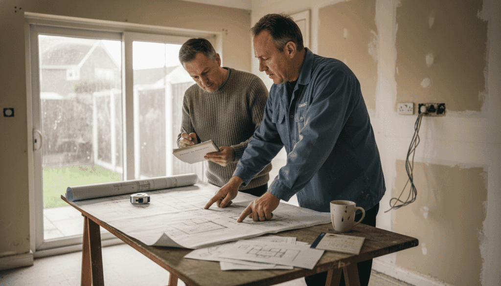 Builder reviewing blueprints with homeowner in kitchen