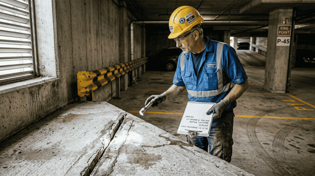 Engineer inspecting waterproofing joint in garage