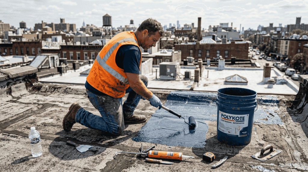 Roofer applying polymer waterproofing on building roof