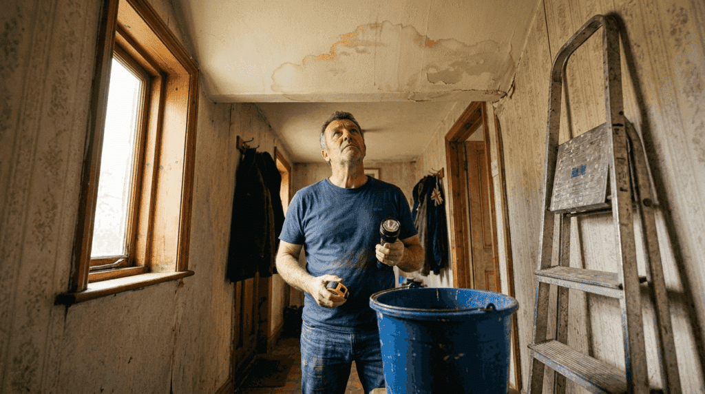 Homeowner inspecting water stain on ceiling