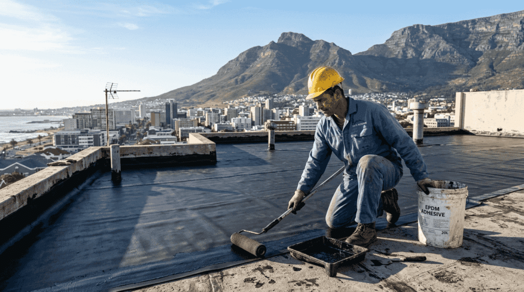 Contractor applying waterproofing on rooftop in South Africa
