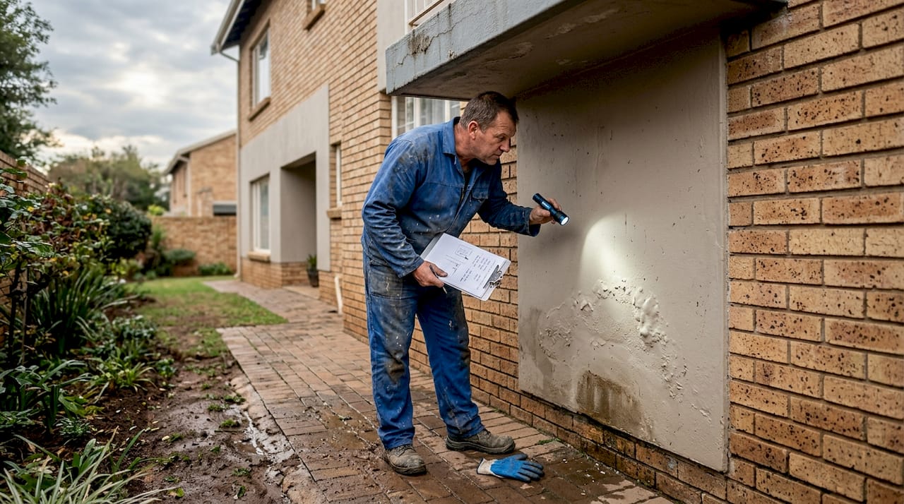 Inspector examines damp exterior South African house