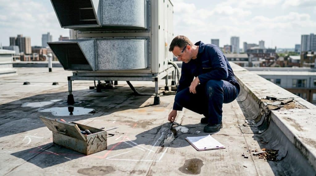 Technician inspecting rooftop waterproofing seam