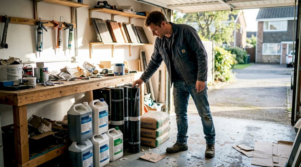 Property owner sorting waterproofing materials