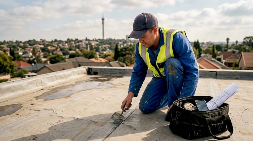 Contractor inspecting a flat roof membrane