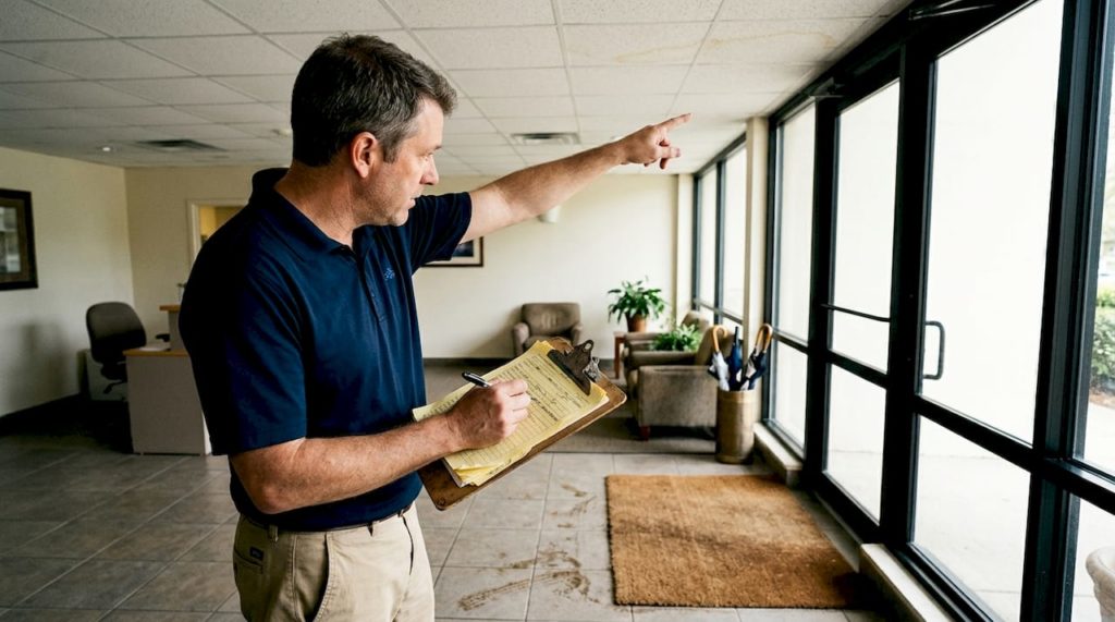 Facilities manager inspecting water stains in lobby