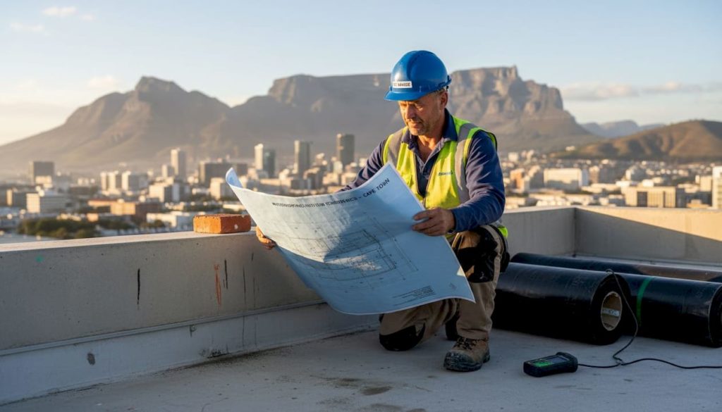 Foreman reviews waterproofing plans on rooftop
