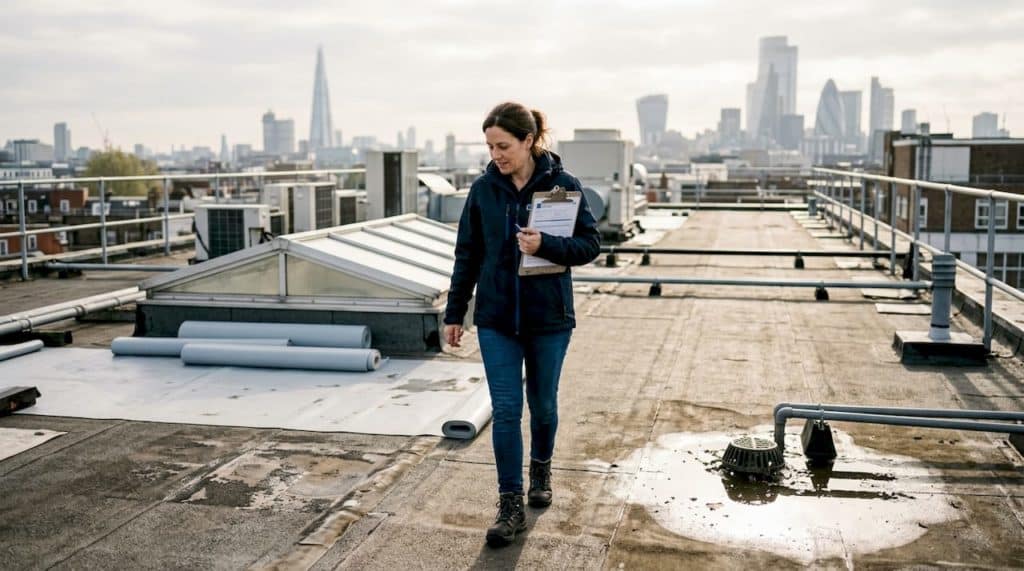 Manager inspecting urban rooftop waterproof materials