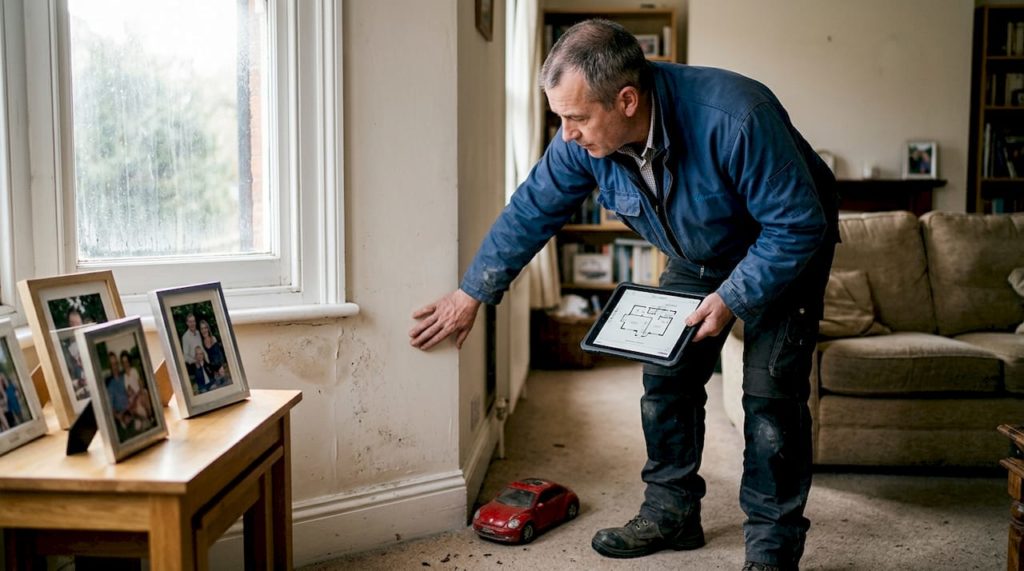 Inspector checks for damp on living room wall
