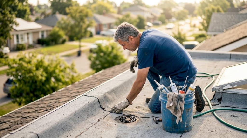 Homeowner inspecting roof waterproofing membrane