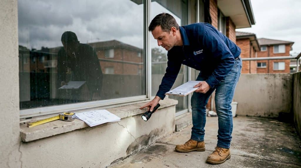 Contractor inspects balcony wall for damp damage