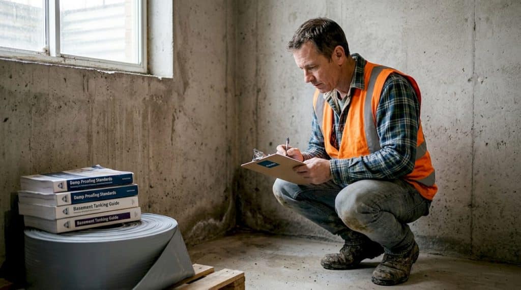 Contractor inspecting basement for waterproofing